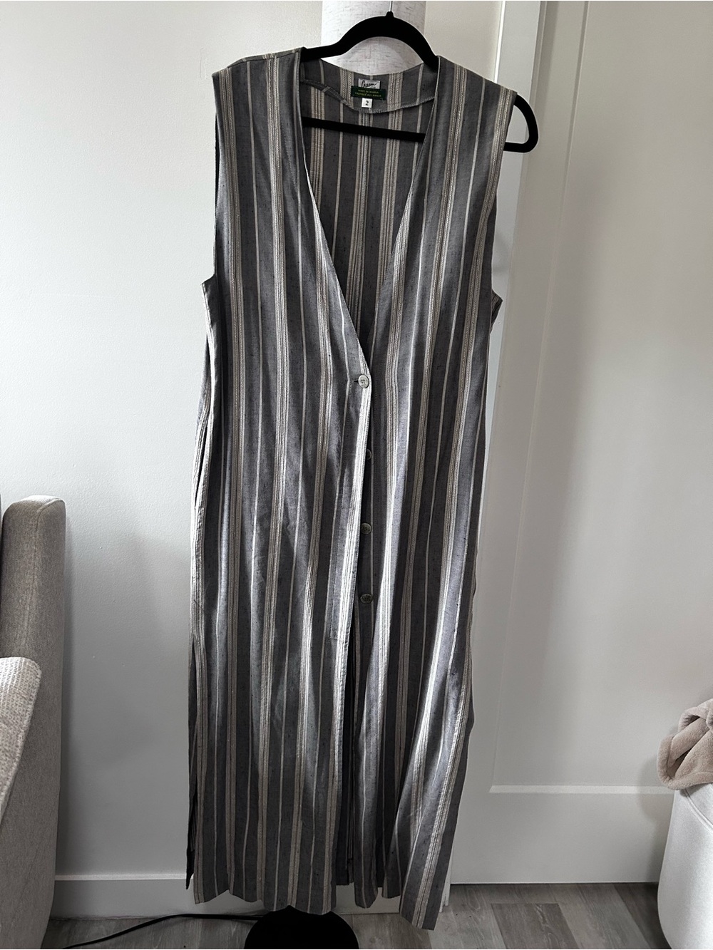 Vintage CREAM Sleeveless Striped Long Vest Dress - Gray/blue